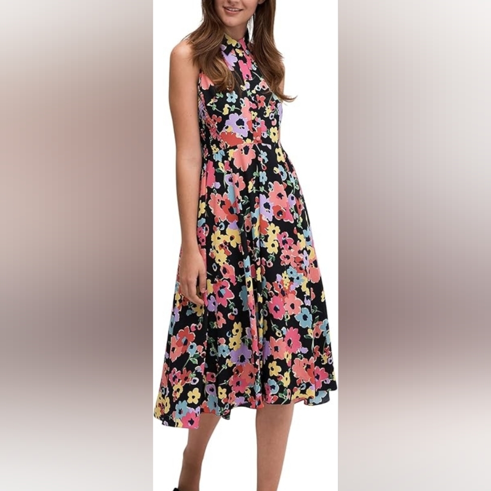 kate spade Black Floral Sleeveless Midi Dress with Pink, Yellow & Blue Blooms